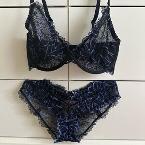 Savage X Fenty Black and Blue Lace Bra & Panty Matching Set
